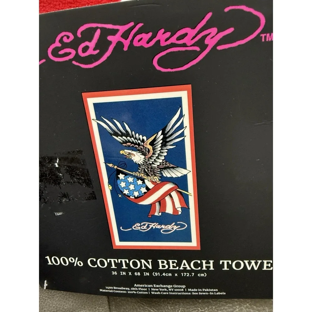 Ed Hardy American Eagle Flag Beach Towel 36x68 100% Cotton NWT Patriotic Y2K